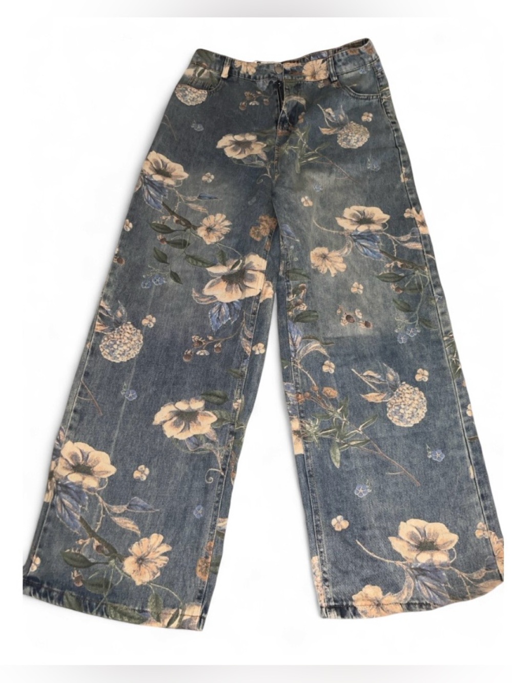 Abstracted Axis Floral Wide-Leg Women's Jeans - Blue with Cream Flower Print